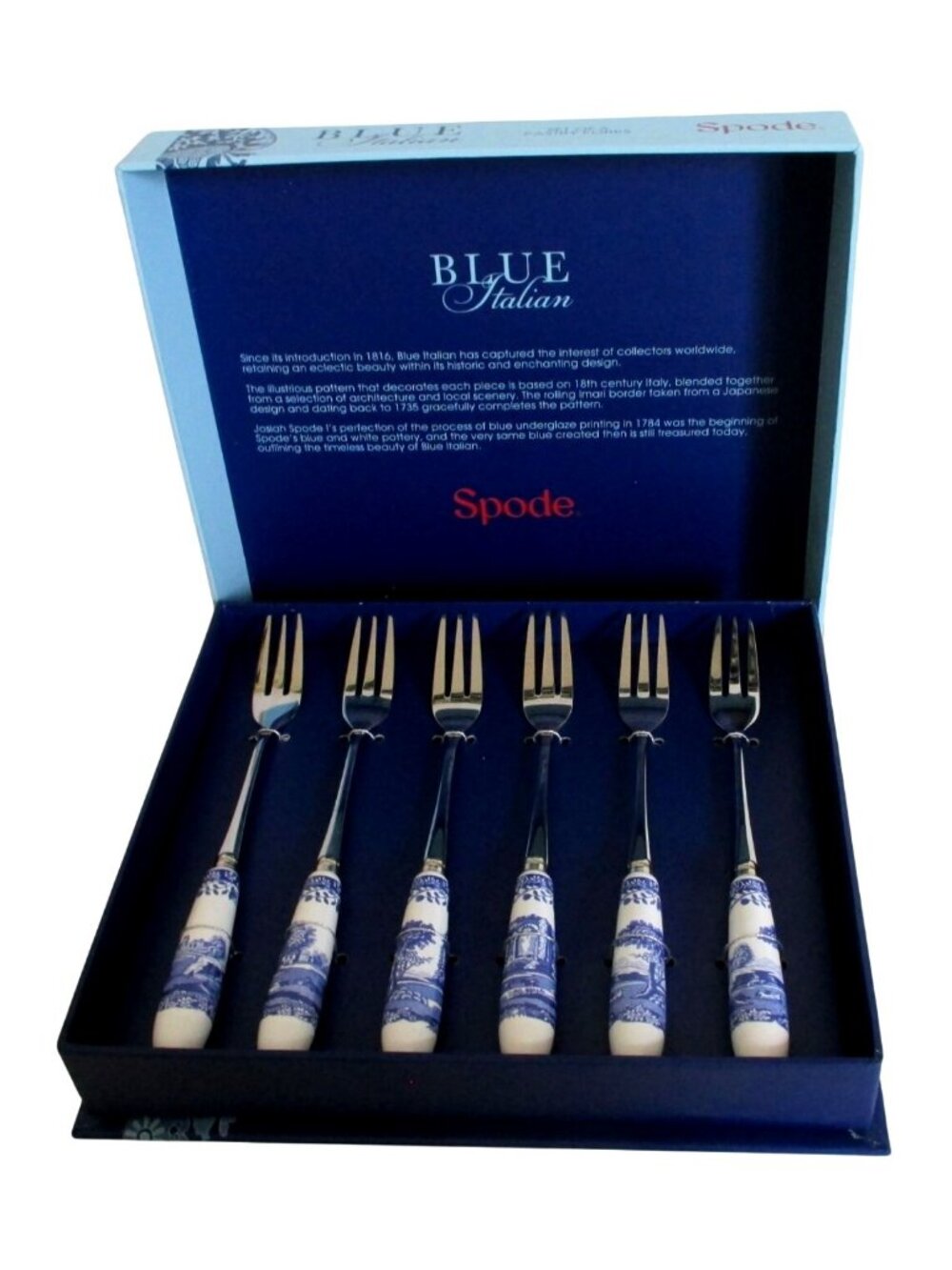 Spode Blue Italian Pastry Pastry Forks Set Of 6 With Decorative Porcelain Handle